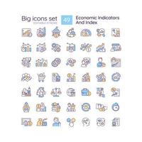 Economic indicators and index RGB color icons set. Prediction of business development. Analytics processes. Isolated vector illustrations. Simple filled line drawings collection. Editable stroke