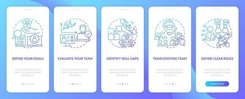 IT staffing tips blue gradient onboarding mobile app screen. Hiring process walkthrough 5 steps graphic instructions with linear concepts. UI, UX, GUI template vector