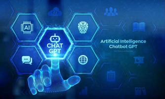 ChatGPT. Chat GPT Chatbot with AI Artificial Intelligence. Software automation technology, customer support center for online business. Wireframe hand touching digital interface. Vector illustration.