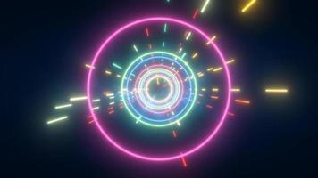 Abstract multi-colored energy tunnel from flying circles and lines neon magical glowing background, video 4k, 60 fps