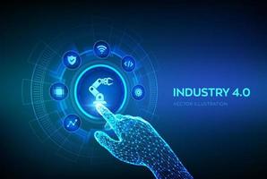 Smart Industry 4.0 concept. Factory automation. Autonomous industrial technology. Industrial revolutions steps. Robotic hand touching digital interface. Vector illustration.