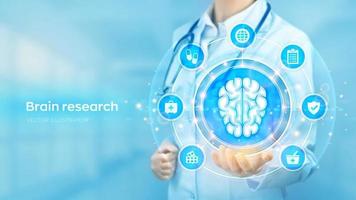 Brain research. Neurology. Doctor holding in hand the hologram of human brain and medical icons network connection on virtual screen. Innovative technology in science and medicine. Vector illustration