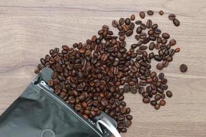 Detailed photo of coffee beans before being processed into a drink isolated on wood. Concept photo of the basic ingredients of coffee drinks.