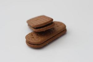 a close up of chocolate biscuit isolated on white background. photo