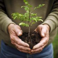 masculino manos participación un árbol árbol joven a ser plantado. salvar el planeta con repoblación forestal. nuestra verde futuro. generativo ai foto