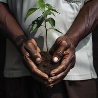 masculino manos participación un árbol árbol joven a ser plantado. salvar el planeta con repoblación forestal. nuestra verde futuro. generativo ai foto