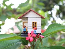 a close up of a miniature figure of a mother watering the plants in front of the house. photo