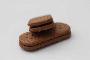 a close up of chocolate biscuit isolated on white background. photo