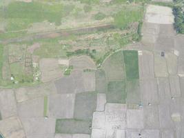aerial view of various rice fields pattern side by side with local residents houses. photo