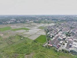 aerial view of various rice fields pattern side by side with local residents houses. photo