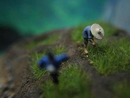 a close up of miniature figures of farmers planting rice. Farming photo concept.