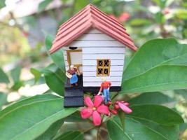 un cerca arriba de un miniatura figura de un madre riego el plantas en frente de el casa. foto