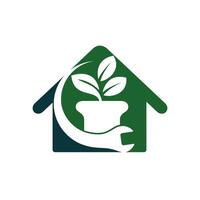 concepto de logotipo vectorial de arreglo de jardín. maceta y llave inglesa con el icono del logo de casa. vector