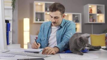 The gray cat looks at the owner working at his desk and wants to be loved. The man works from home and his cat is with him.