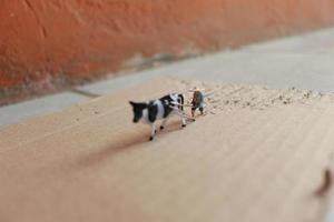 miniature figure of a farmer plowing a field with his cow on a cardboard. photo