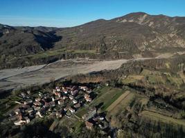 farmed fields of Borghetto di Borbera Piedmont Italy Village aerial View Panorama landscape photo