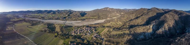 farmed fields of Borghetto di Borbera Piedmont Italy Village aerial View Panorama landscape photo
