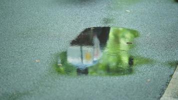 The little water pool on the road  in the city after the rain photo