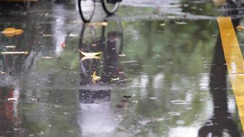The rainy day view in the city with the wet road and rainy droplets down photo