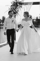 bride and groom against the backdrop of a yellow sunset photo