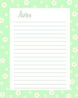 Notes blank lined page template with floral seasonal floral springtime decoration, simple vector illustration for bullet journal, green rectangular frame with flowers printable personal diary