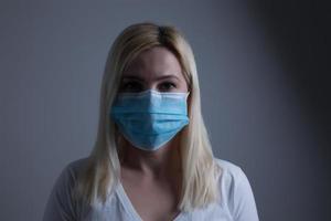 An unhappy woman wearing a face mask to deal with virus or pollution. photo