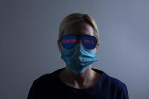 An unhappy woman wearing a face mask to deal with virus or pollution. photo