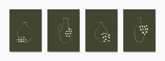 Enhance your walls with a minimalist boho vibe using this set of vase wall art on a dark green background. Perfect for prints, covers, wallpapers, and great natural wall decor collection. vector