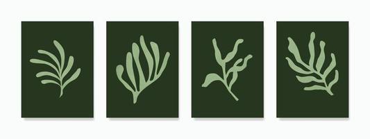 Minimalist hand-drawn leaf wall art. Versatile and calming, it features abstract twigs on a green background, perfect as a poster or decoration. vector