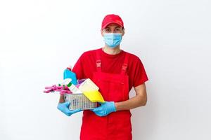 Cleaning and Disinfection at town complex amid the coronavirus epidemic. Professional teams for disinfection efforts. Infection prevention and control of epidemic. Protective gloves and mask photo