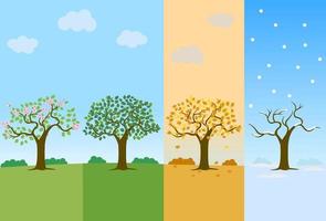 Tree in four seasons of year spring, summer, fall, autumn and winter season vector illustration. Scenery of the four seasons landscape set. Hand drawn cartoon flat design.