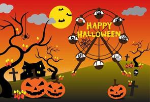 Happy Halloween fun park vector. Dracula, witch, ghost, pumpkin, skull, idle hand and spider web riding in the Ferris wheel with haunted house, graves, monster trees, candles and jack o' lanterns. vector