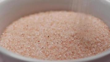 Raw whole dried pink Himalayan salt in a container on white video