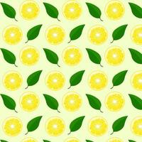 Lemon sliced with green leaves Seamless pattern. For posters, logos, labels, banners, stickers, product packaging design, etc. Vector illustration