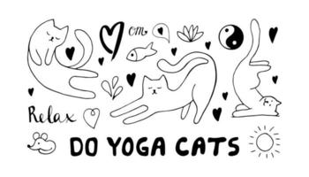 Adorable hand drawn cats set sitting in yoga pose. Isolated on white background drawing for textile prints, child poster, cute stationery. vector