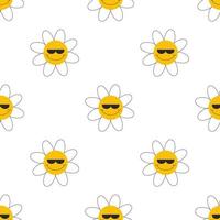 Seamless pattern with chamomile flowers on white background. Funny cartoon flower. Good vibes. vector