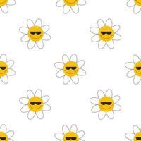 Seamless pattern with chamomile flowers on white background. Funny cartoon flower. Good vibes. vector