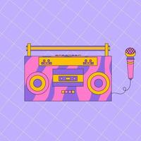 Flat llustration of a tape recorder and cassettes. Vintage radio. Tape recorder with micraphone vector