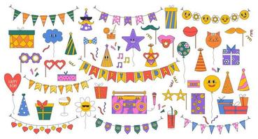 conjunto de cumpleaños fiesta diseño elementos. fiesta sombreros, regalos, banderas, anteojos, papel picado, cócteles, globos y un cinta grabadora. cumpleaños fiesta en retro estilo. vector