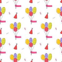 Happy Birthday pattern. Pattern with cake, crown, holiday caps and balloons vector background