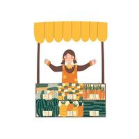 Young woman farmer sells fresh fruits and vegetables at local food market place. Flat vector illustration.