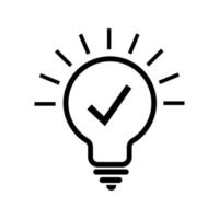 Light bulb and check mark icon.Light bulb with sparkle rays shine. Idea lamp with Approved icon. Idea sign thinking solution concept quick tip icon. glass LightBulb line icon. vector