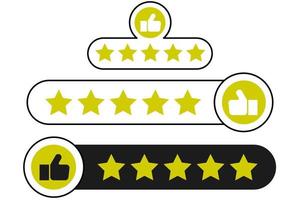 Five Star Rating set with thumbs up icon. Rating stars badges customer positive feedback for quality service. Rate us speech bubble User Satisfaction Rating.Product Positive review of customer Survey. vector