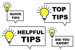 Quick tips, Helpful Tips, Did You Know and Top Tips icon set with speech bubbles and Light bulb with sparkle rays shine. Idea sign thinking solution. helpful advice tricks suggestion knowledge study. vector