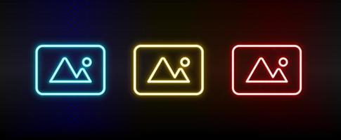 photo, picture neon icon set. Set of red, blue, yellow neon vector icon on dark transparent background