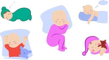 Children lying on pillow under blanket. Set with cute little baby sleeping. Boy with teddy bear in bed. Girl sleep on stomach. Different sleeping positions. Sketch style. Vector illustrations