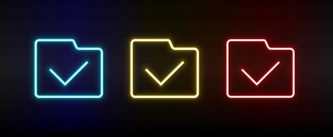 complete, folder neon icon set. Set of red, blue, yellow neon vector icon on dark transparent background