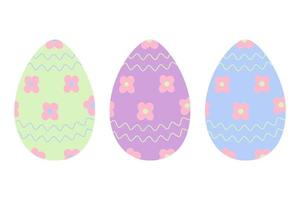 Set of three Easter eggs in trendy soft green, lilac and blue with pattern of wavy lines and flowers vector