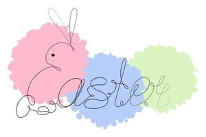 Easter bunny and Easter inscriptions in one continuous line against the background of abstract spots vector