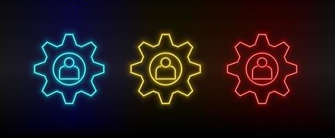 Neon icon set setting, user. Set of red, blue, yellow neon vector icon on dark transparent background